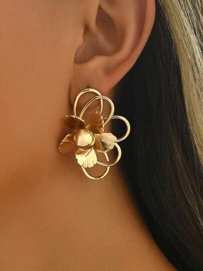 2pcs Minimalist Fashion Gold Metal Wire DIY Woven Flower, Half 3D Floral, Zinc Alloy Geometric Gold Flower Earrings, Suitable For Vacation, Party, Daily Wear, Holiday Gift, Random Mixed Color Seed Beads