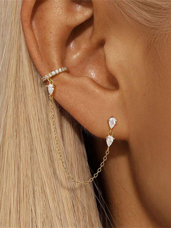 1Pc Two-Tier Design 925 Sterling Silver Earring For Women Luxurious Chain Tassel Ear Clip Suitable For Wedding Bridal Jewelry