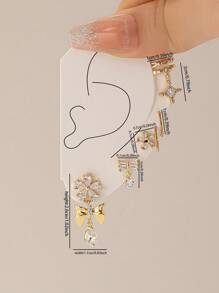 6 Pcs Luxurious Zirconia Flower Bow Earrings Set Y2K Earrings Pack For Women Crystal Ear Cuffs Set Stacked Earring Jewelry - Multicolor - View 4