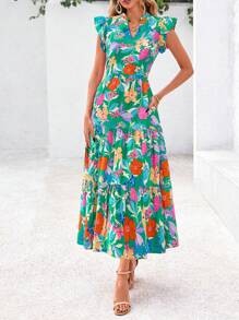 Women's Summer Print Mid-Length Dress With Sleeve Cap V-Neck Ruffled Long Flowing Bohemian Style Casual Beach Holiday Dress - 綠底橘花色 - 查看 4