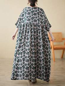 Top, Bohemian Casual Holiday Dress, Green Flower Beach Dress, Women's Elegant Everyday Dress, Summer 2025 New Short-Sleeved Crewneck Dress, Women's Plus-Size Holiday Dress, One Dress,