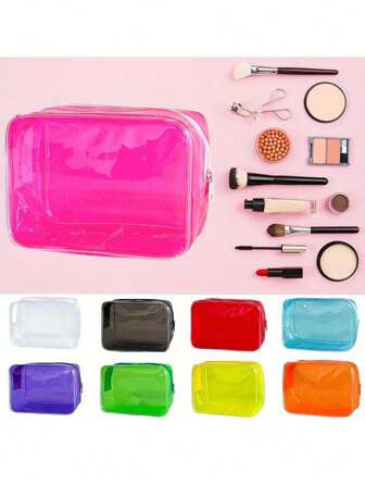 1 pezzo Borsa trucco in colore solido trasparente in materiale PVC, di grande capacità, pratica e semplice borsa da toilette, adatta per vacanze, spiaggia, bagno, camera da letto, di grande capienza