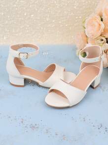 Girls Stylish Flower Decor Open Toe High Heel Sandals, Breathable & Lightweight, Suitable For Wedding, Party, Princess Shoes - White - View 5