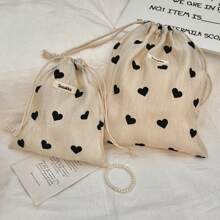 1pc Mini Drawstring Storage Bag, Black Heart Pattern, Fabric Organizer For Miscellaneous Items And Small Objects, Portable Toiletry Bag, Lightweight Foldable Design,Makeup Bag,Travel Essential - Champagne - View 11