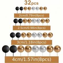32 Pcs Ball Cake Topping Decoration Mini Balloon Cake Decoration Stick Foam Ball Cake Paddle Cake Decoration For Wedding Party Birthday Cake Decoration Gold, Silver Black