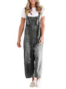 Women's Casual Denim Overall Jumpsuit Loose Adjustable Shoulder Straps Make Old Denim Cargo Belt Pockets