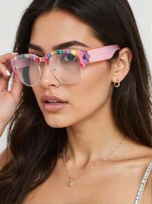 女士新款格纹撞色方形金属眉框时尚厚边无度数眼镜，适合办公室、通勤和拍照