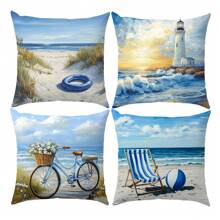 4pcs 17.7*17.7in (45*45cm) White Lifesaver, Chaise Lounge, Balloon, Lighthouse, Bicycle Printed Polyester Pillow Case [Single-Sided Print][Pillow Insert Not Included] Home Couch Bed Headrest Cushion Cover, Suitable For Daily Use, Home Decor, Living Room, Bedroom, Car