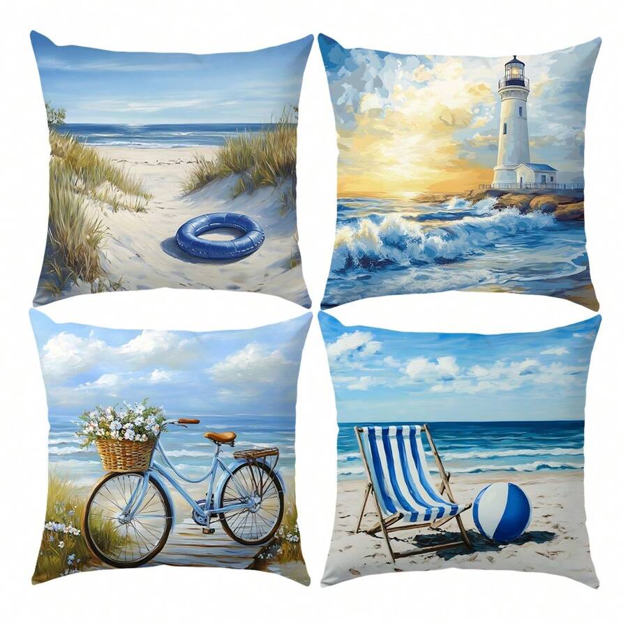 4pcs 17.7*17.7in (45*45cm) White Lifesaver, Chaise Lounge, Balloon, Lighthouse, Bicycle Printed Polyester Pillow Case [Single-Sided Print][Pillow Insert Not Included] Home Couch Bed Headrest Cushion Cover, Suitable For Daily Use, Home Decor, Living Room, Bedroom, Car