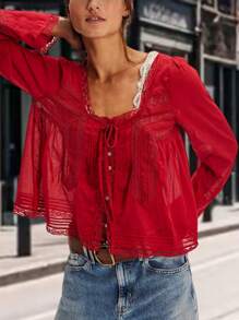 Women Y2k Bow Tie Front Top Y2k Coquette Long Sleeve Lace Trim Button Up Chiffon Blouses Cardigan Loose Fit Flowy Boho Peplum Shirt Going Out Tops Summer Beach Vacation Clothes 100% Cotton Casual Streetwear - 紅色 - 查看 1