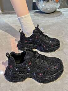 女士黑色水钻厚底运动鞋，2025 年春秋季时尚 Ins 风格增高休闲运动鞋 - 黑色 - 查看 3