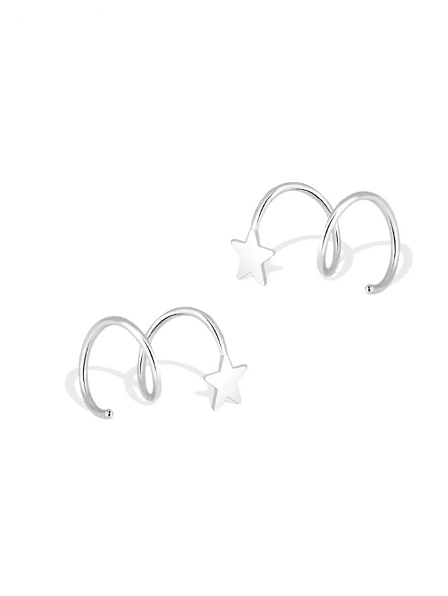 925 Sterling Silver Star Clip-On Earrings For Women, Minimalist Style Hypoallergenic Silver Stud Earrings, Suitable For Party, Gift Giving And Daily Wear - Silver - View 1