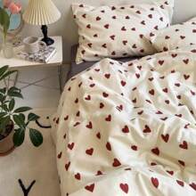 3pcs Bedding Set: White With Red Heart Patterned Comforter Cover, Microfiber Red & White Heart Themed Bed Sheet And Pillowcase Set