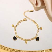 1 件优雅简约镀金不锈钢黑白贝壳心形珠子吊坠链手链，百搭配饰 - 愛心圓珠吊墜手鍊 - 查看 3