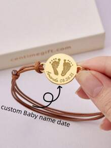 Customized Baby Bracelet, Personalized Adjustable Braided Cord, Engraved Baby Footprint/Handprint, Stainless Steel Material, Suitable For Both Men And Women, Great Gift For Moms, Available In Silver, Black, Fashionable, Colorful, Retro, Minimalist, Unisex, Casual, Cute, Customized, Personalized, Unique, Suitable For Anniversary, Birthday, Graduation, Prom, Party, Mother's Day And Other Occasions - Bracelet - Sole Of Foot - View 2