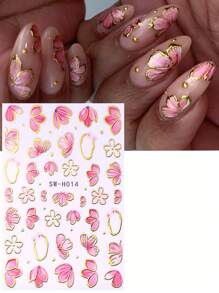 2 piezas Calcomanías de uñas 3D con flor de hibisco rosa dorada, pétalos de flor de corazón rojo degradado, trébol de cuatro hojas, lazo asimétrico y líneas metálicas a rayas estilo Y2K holográfico para decoración de uñas, suministros de arte de uñas