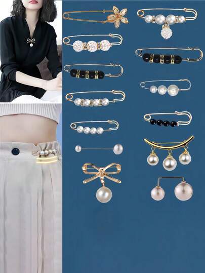 13 件女士人造珍珠服装可调节腰别针、裤子束腰带、服装配件，用于减小腰围并防止暴露连衣裙配饰衣服别针包饰背包适用于学校办公室配饰衬衫夹克珠宝圣诞节万圣节衣服别针有趣可爱的教师礼物万圣节配饰教师节服装配饰包饰