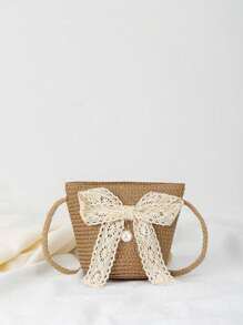 1 件儿童可爱珍珠纱布蝴蝶结草编包单肩包斜挎包 - 彩色 - 查看 8