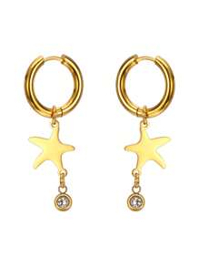 Un par de pendientes de estrella de mar con pentágono personalizado y grabado en texto. Seleccionado material de acero inoxidable, resistente y duradero, no se deforma ni se desvanece fácilmente, no teme el desgaste diario. Diseño de estrella de cinco puntas con colgante de diamante.