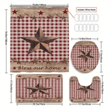 4pcs Red Star Grid Shower Curtain Gift Modern Home Bathroom Decoration Curtain And Toilet Floor Mat 3-Piece Set With 12 Shower Curtain Hooks Bathroom Accessories Back To School Fall Decor