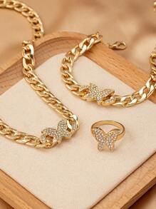 3 件套优雅金属金蝴蝶水晶吊坠项链、手链和戒指套装，适合女性日常、派对和节日的时尚装扮 - 金黃色 - 查看 6