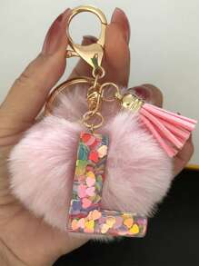 Letter Initial Keychain, Cute Fluffy Ball Keyring, Can Be Hung On Bags, Backpacks, Cars, Ideal Gift For Women And Girls, Also A Wallet And Handbag Accessory. This Tassel Keychain Includes Letters A-Z, Suitable For Commuting Wear. - Pink - View 8