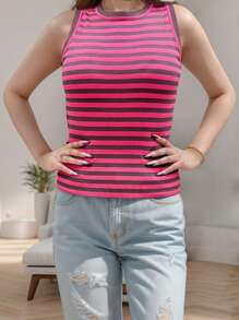Top de vestir de mujer, Camiseta sin mangas con rayas para mujer con cuello redondo, sin mangas, casual - Rosa Fucsia - Ver 1