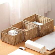 3pcs Natural Rattan-Woven Baskets Set In Beige & Camel Tan, Country Style, Paper Rope & Iron Frame Handwoven, Suitable For Desktop Organization
