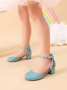 Girls Dress Shoes Closed Toe High Heels Ankle Strap Toddler Little Big Kid Wedding Flower Party Pump - 藍色 - 查看 2