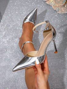 Fall/Winter Elegant & Fashionable High Heel Pointed Toe Hollow Out Ankle Strap Shoes For Office Ladies,Elegant,Party - Silver - View 2