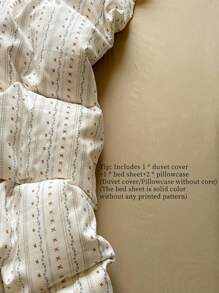 4 件套花卉蝴蝶结床上用品套装（1 * 羽绒被套 + 1 * 床单 + 2 * 枕套），花卉条纹图案，奶油色和米色法国乡村条纹，纯色床单，印花工艺，用途广泛，触感柔软，可机洗，羽绒被套和枕套不带内芯，返校季 - 米色 - 查看 2