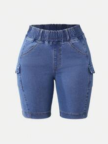 Y2K Style Women's Stretchy Casual Versatile Street Utility Multi-Pocket Elastic Waist Denim Bermuda Shorts, Spring/Summer