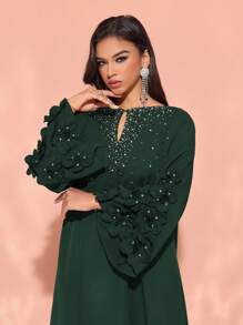 Women's Handmade 3D Floral Elegant Front Placket Beaded Formal Dress,Modest