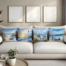 4pcs 17.7*17.7in (45*45cm) White Lifesaver, Chaise Lounge, Balloon, Lighthouse, Bicycle Printed Polyester Pillow Case [Single-Sided Print][Pillow Insert Not Included] Home Couch Bed Headrest Cushion Cover, Suitable For Daily Use, Home Decor, Living Room, Bedroom, Car