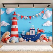 1 件航海蛋糕背景 - 梦幻水手主题，配以彩色帆船、灯塔、贝壳和螃蟹 - 涤纶材料，非常适合生日和单身派对、水下派对装饰 - 1pcs - 查看 2