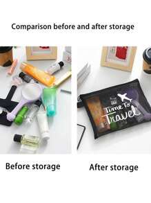 Bolsa de maquillaje con estampado de patrón de letra "Time to Travel", bolsa de almacenamiento para maquillaje y esponja de cojín, bolsa organizadora transparente, neceser de viaje, estilo de vacaciones hawaianas, bolsa de aseo, bolsas de embalaje, para vacaciones, playa, baño, dormitorio, gran capacidad