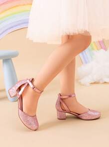 Girls Dress Shoes Closed Toe High Heels Ankle Strap Toddler Little Big Kid Wedding Flower Party Pump - 粉色 - 查看 3