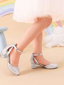 Girls Dress Shoes Closed Toe High Heels Ankle Strap Toddler Little Big Kid Wedding Flower Party Pump - 銀色 - 查看 3