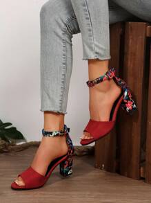 2025 春夏新款女士凉鞋，黑色系带露趾性感法式粗跟中跟踝带时尚百搭高跟鞋 - 紅色 - 查看 5