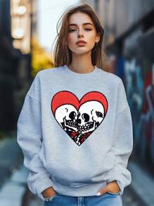 Women's Valentine's Day Love Heart Letter Skull Print Sweatshirt Pullover Fall Loose Fashion Long Sleeve Crew Neck Sweatshirt Casual Comfy Clothes - Grey - View 1