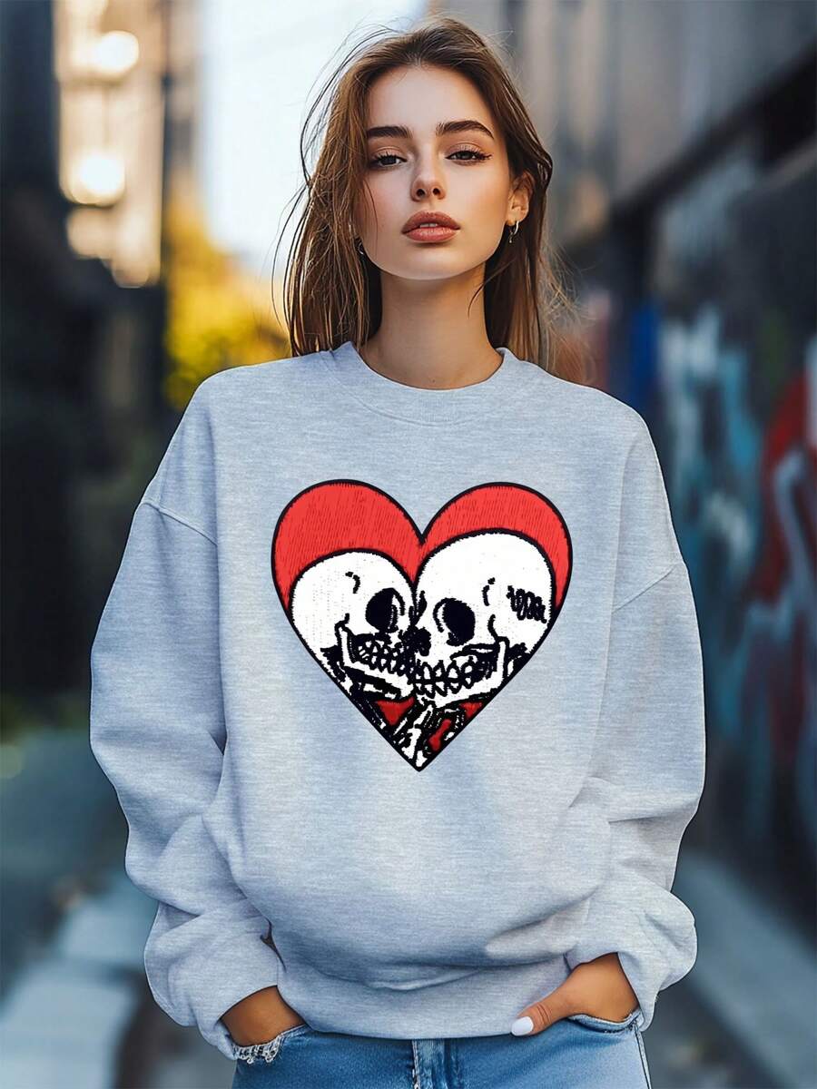 Women's Valentine's Day Love Heart Letter Skull Print Sweatshirt Pullover Fall Loose Fashion Long Sleeve Crew Neck Sweatshirt Casual Comfy Clothes - Grey - View 1