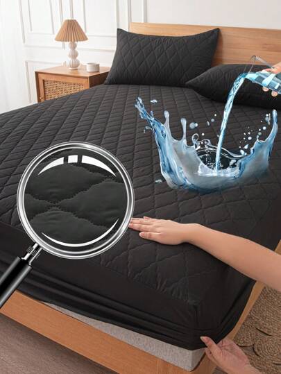 1 Stück wasserdichtes Spannbetttuch, Bettwäsche, Spannbetttuch, Matratzenschutz, Spannbetttuch, weich & bequem für Schlafzimmer, einfarbiger Matratzenschutz, Schlafzimmer Bettwäsche, tief geschnittenes, atmungsaktives gestepptes Spannbetttuch, passend für Einzelbett, Doppelbett, Queensize, Kingsize, Staubschutz, ohne Kopfkissen und Kissenbezug, maschinenwaschbar, Bettwäsche-Geschenk, Schwarz