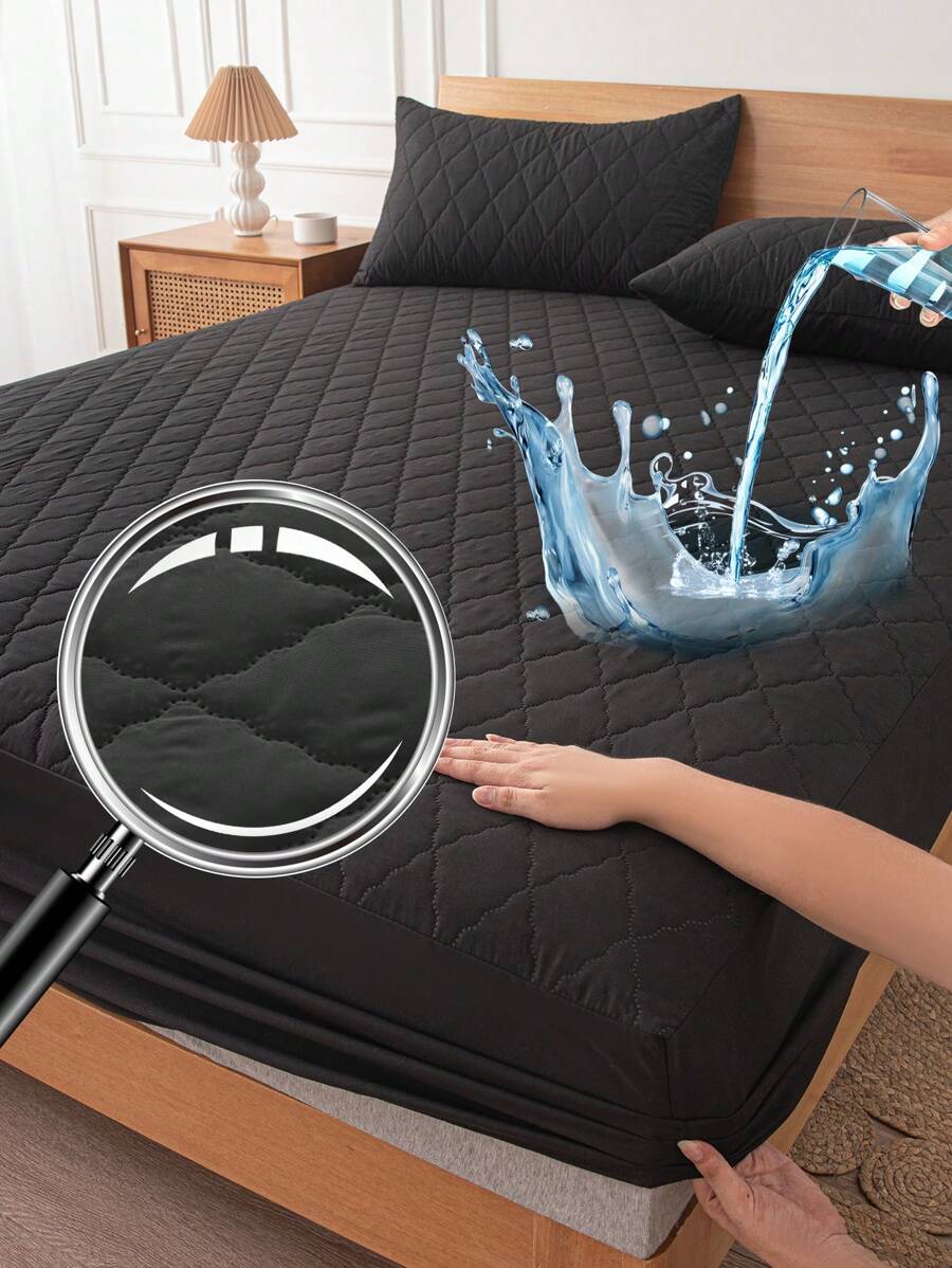 1pc Waterproof Fitted Sheet, Bedding, Fitted Sheet, Mattress Cover, Fitted Sheet, Soft & Comfortable Bedroom Bedding, Solid Color Mattress Protector, Bedroom Bedding, Deep Pocket Breathable Quilted Fitted Sheet, Fits Twin, Full, Queen, King Size Beds, Dust Protection, No Pillow And Pillowcase Included, Machine Washable, Bedding Gift, Black - Black - View 1