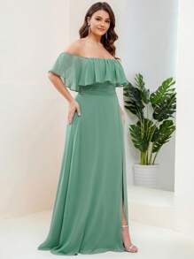 EVERPRETTY Vestido formal de dama de honor con hombros descubiertos y abertura en el muslo para tallas grandes - Verde - Ver 5