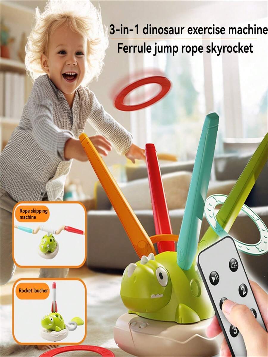 3 合 1 儿童恐龙火箭发射器，带铁环和跳绳的感官训练玩具，适合男孩和女孩的互动礼物 - 彩色 - 查看 1