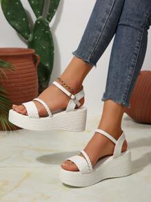 女士坡跟厚底一脚蹬凉鞋，时尚编织纯色轻便舒适透气休闲日常沙滩鞋 - 白色 - 查看 1