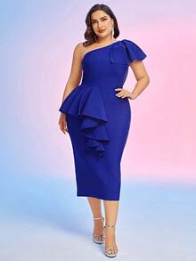 ADYCE Plus Size Women Ruffle Sleeve Multi-Layered Flare Party Bandage Dress, Wedding Guest Cocktail Dress - Blue - View 3