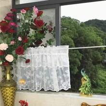 1pc Plum Blossom Lace Sheer Cafe Curtain, Short Curtain For Kitchen Cabinet Window, Decorative Home Use
