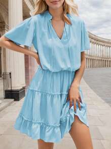 Woman Casual Summer Ruffle Design Mini Light Dress - Baby Blue - View 2