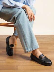 Women Flats Loafers Slip On Moccasins Flat Driving Shoes Arch Support Work Flats Chic Metal Chain Comfortable Versatile Lightweight Casual Loafers Shoes - 黑色/PU - 查看 4